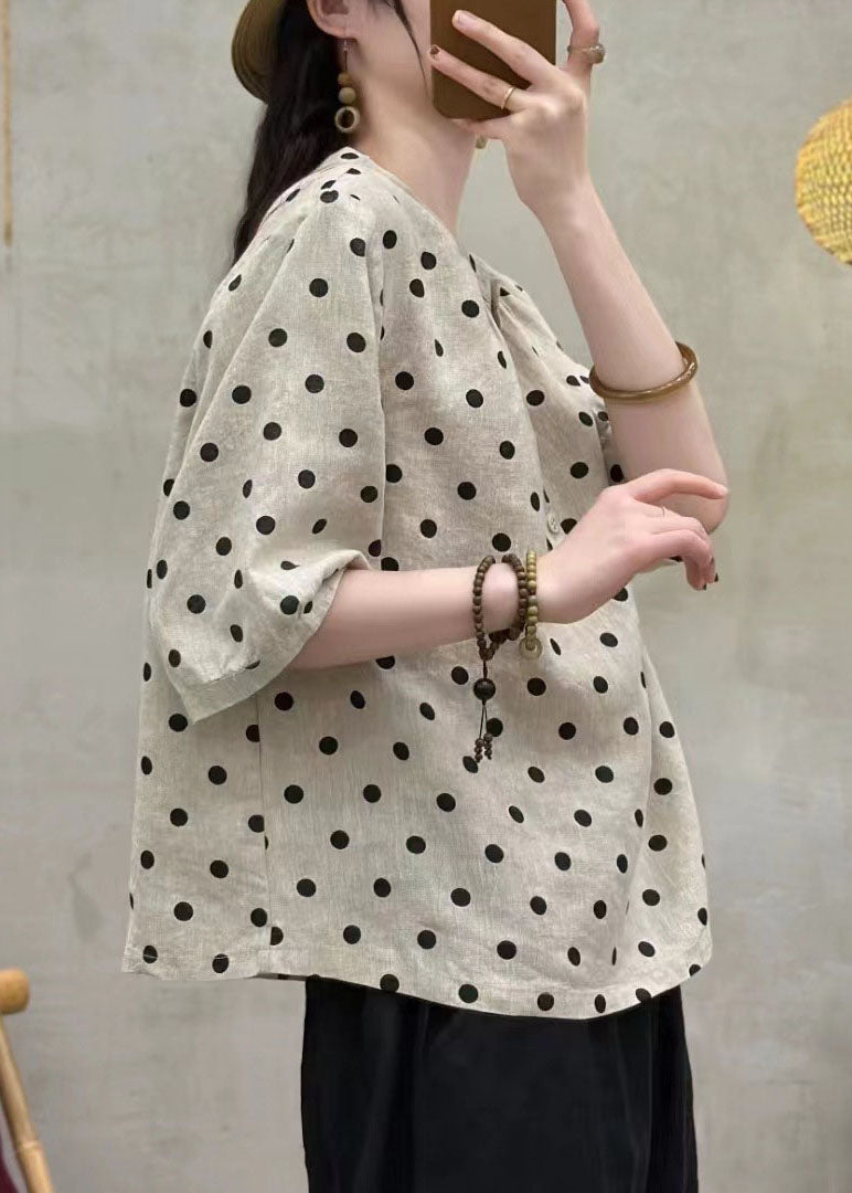 French White Dot O Neck Button Linen Top Summer