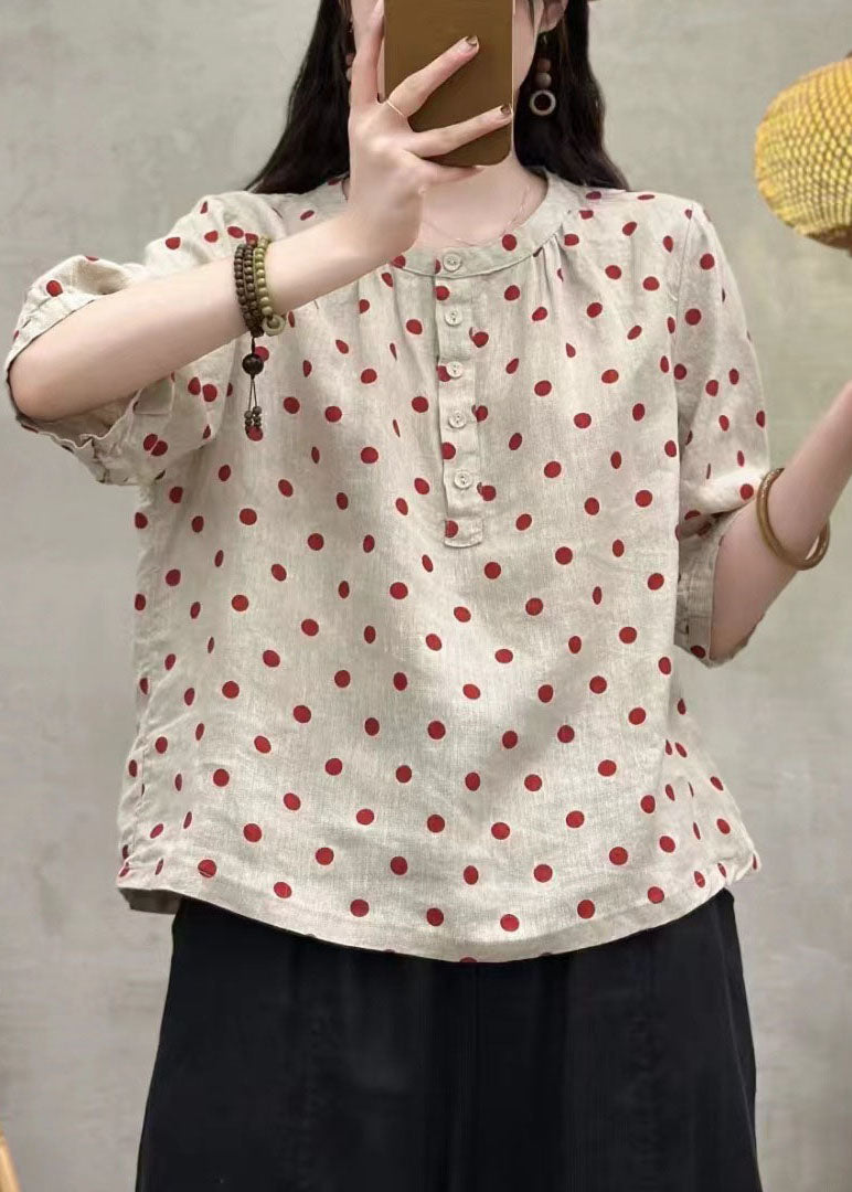 French White Dot O Neck Button Linen Top Summer