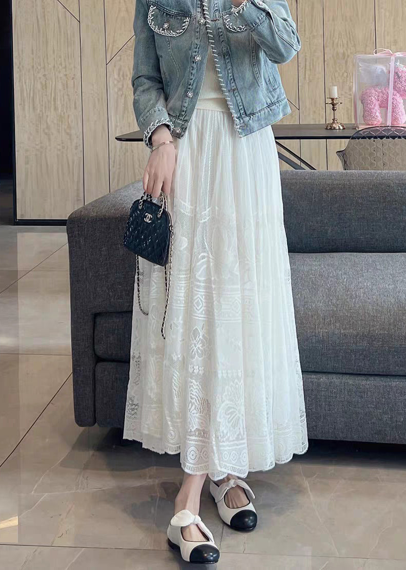 French White Elastic Waist Lace Maxi Skirt Summer