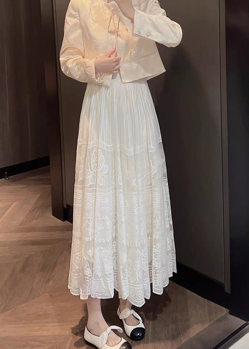 French White Elastic Waist Lace Maxi Skirt Summer