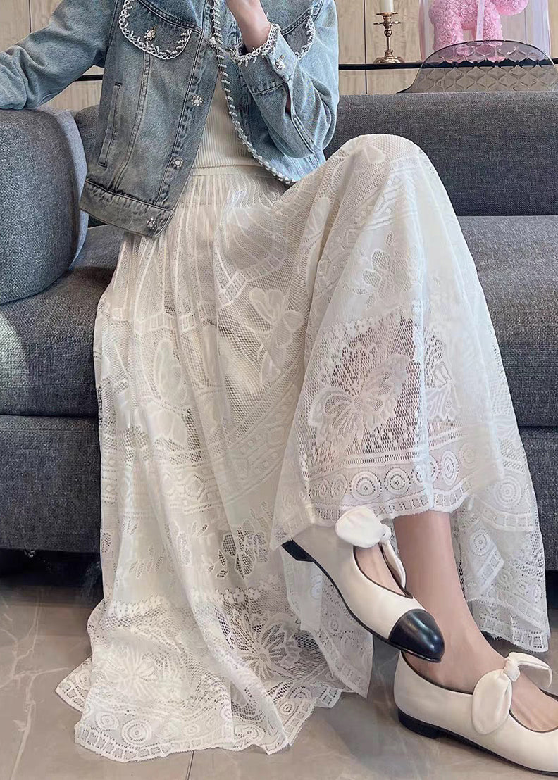 French White Elastic Waist Lace Maxi Skirt Summer
