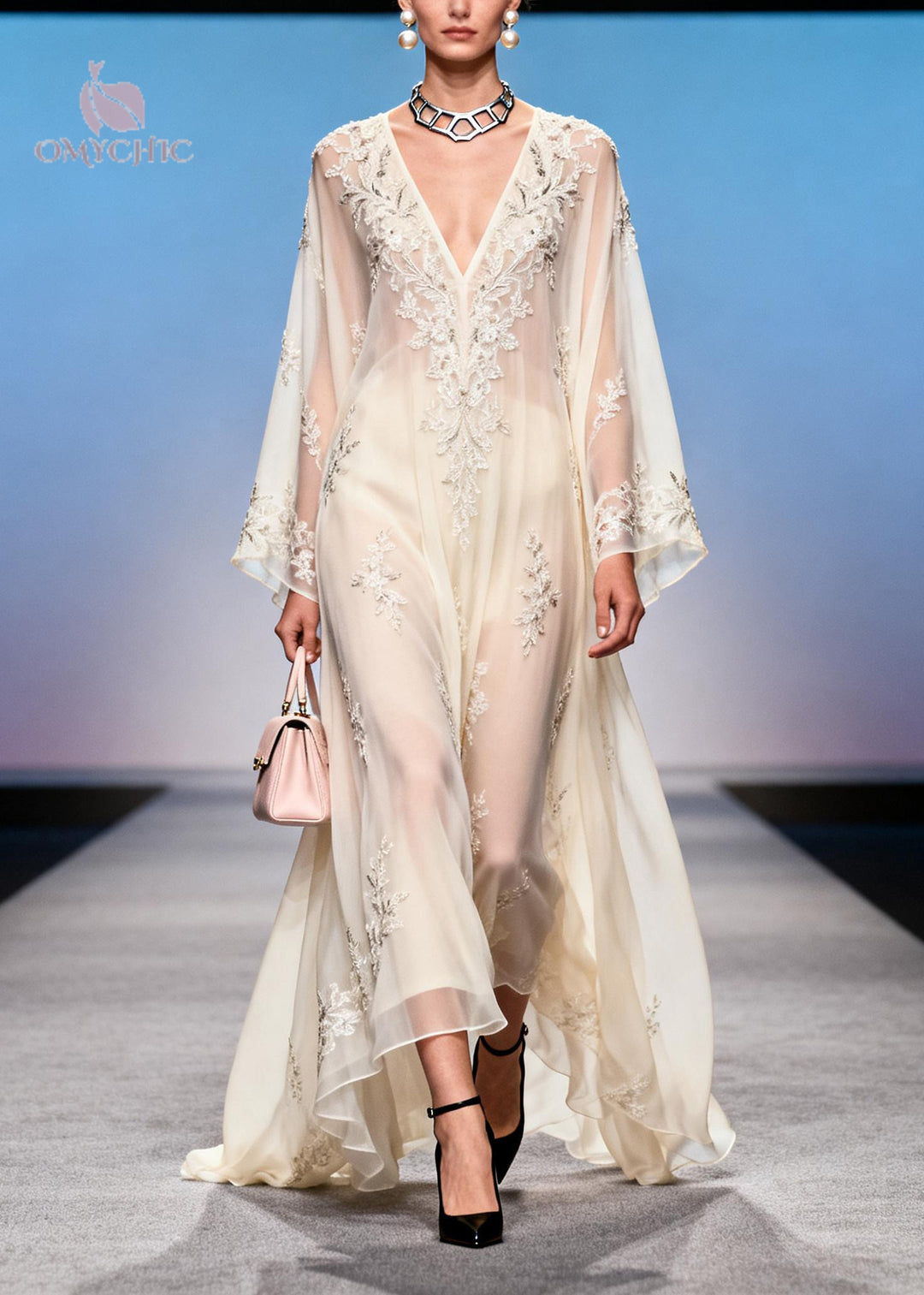 French White Embroidered Exra Large Hem Chiffon Party Dress Summer