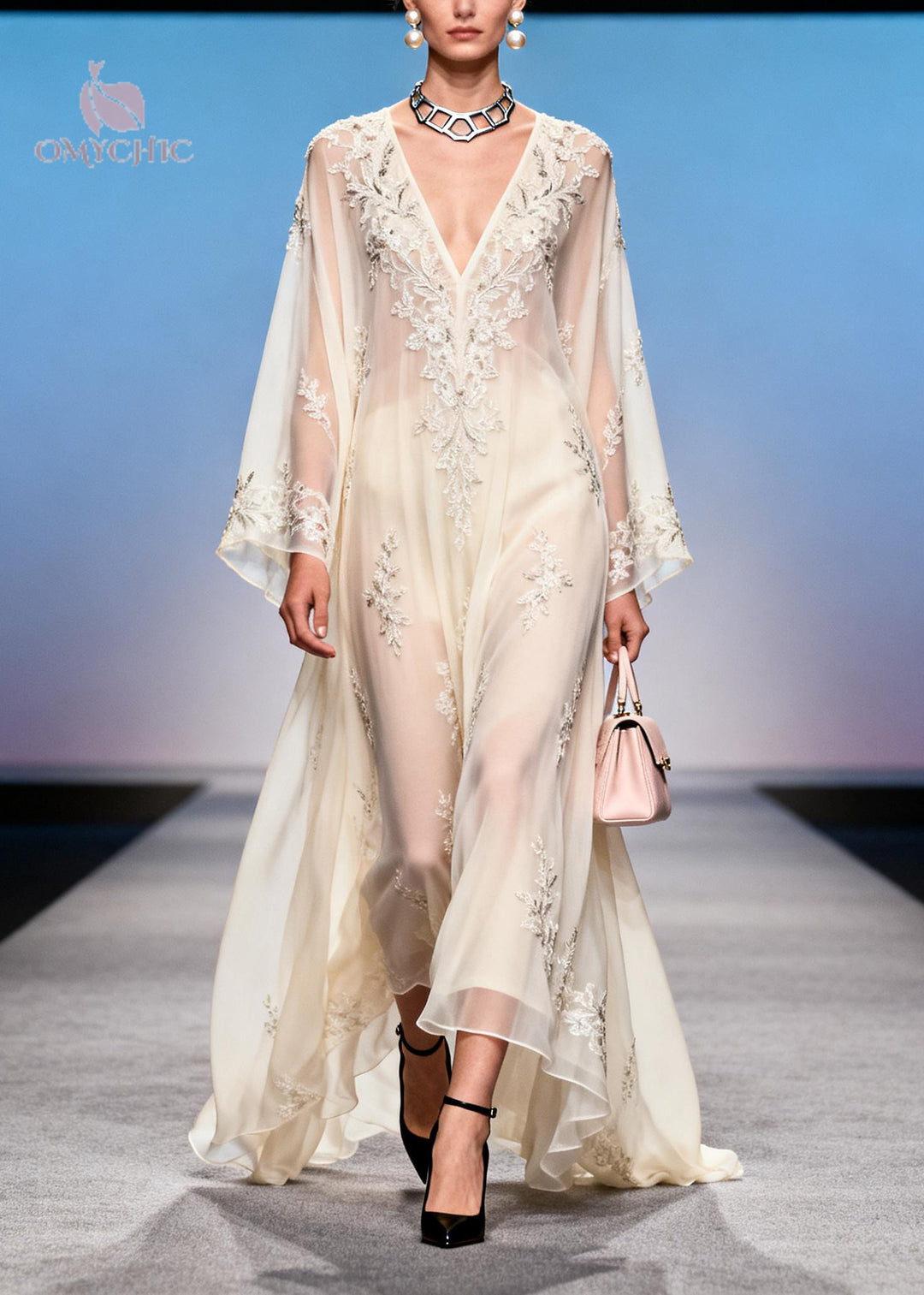 French White Embroidered Exra Large Hem Chiffon Party Dress Summer