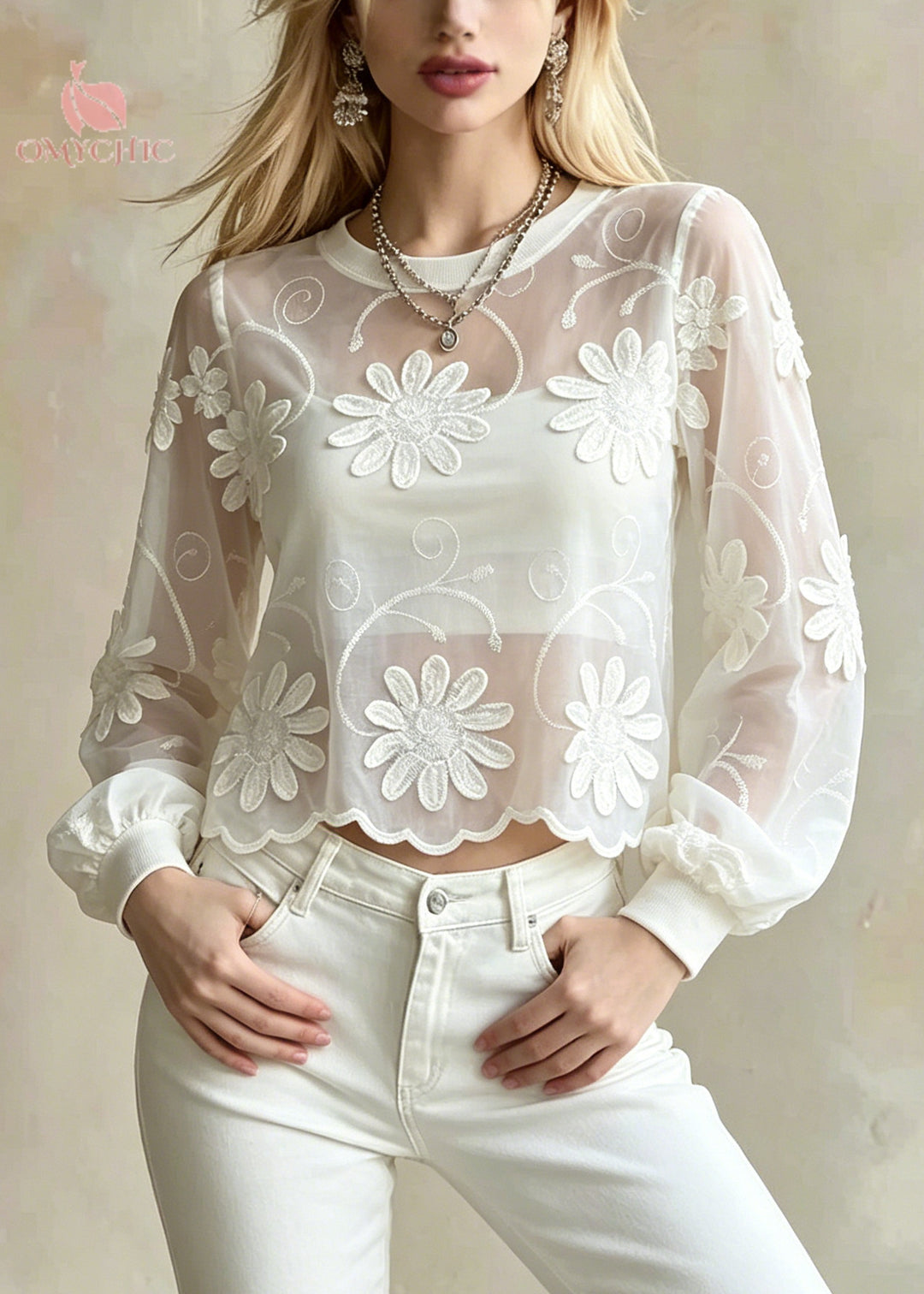 French White Embroidered Floral Cotton Blouse Top Summer
