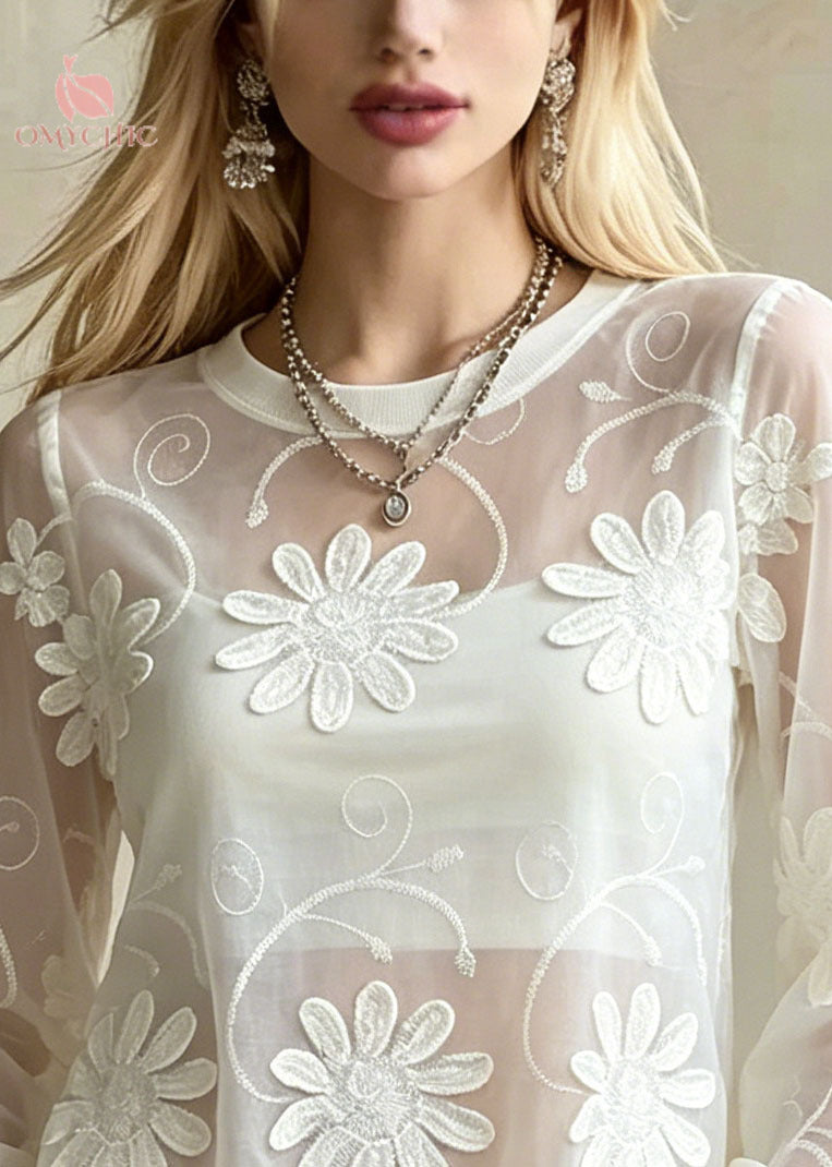 French White Embroidered Floral Cotton Blouse Top Summer