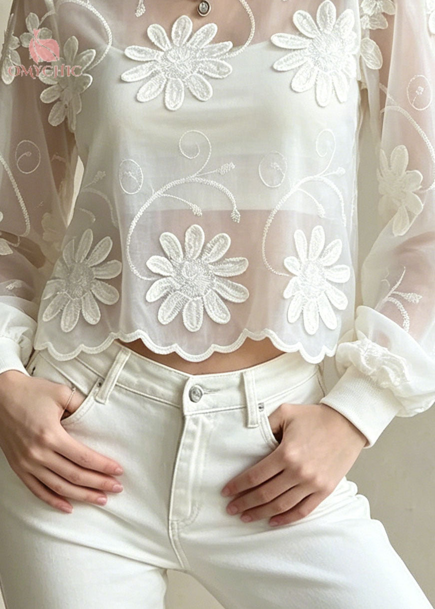 French White Embroidered Floral Cotton Blouse Top Summer