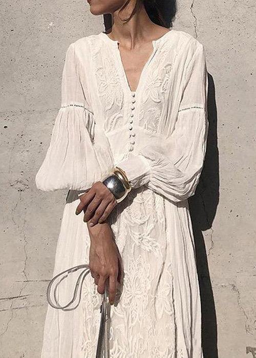 French White Embroidered High Waist Long Dress Lantern Sleeve