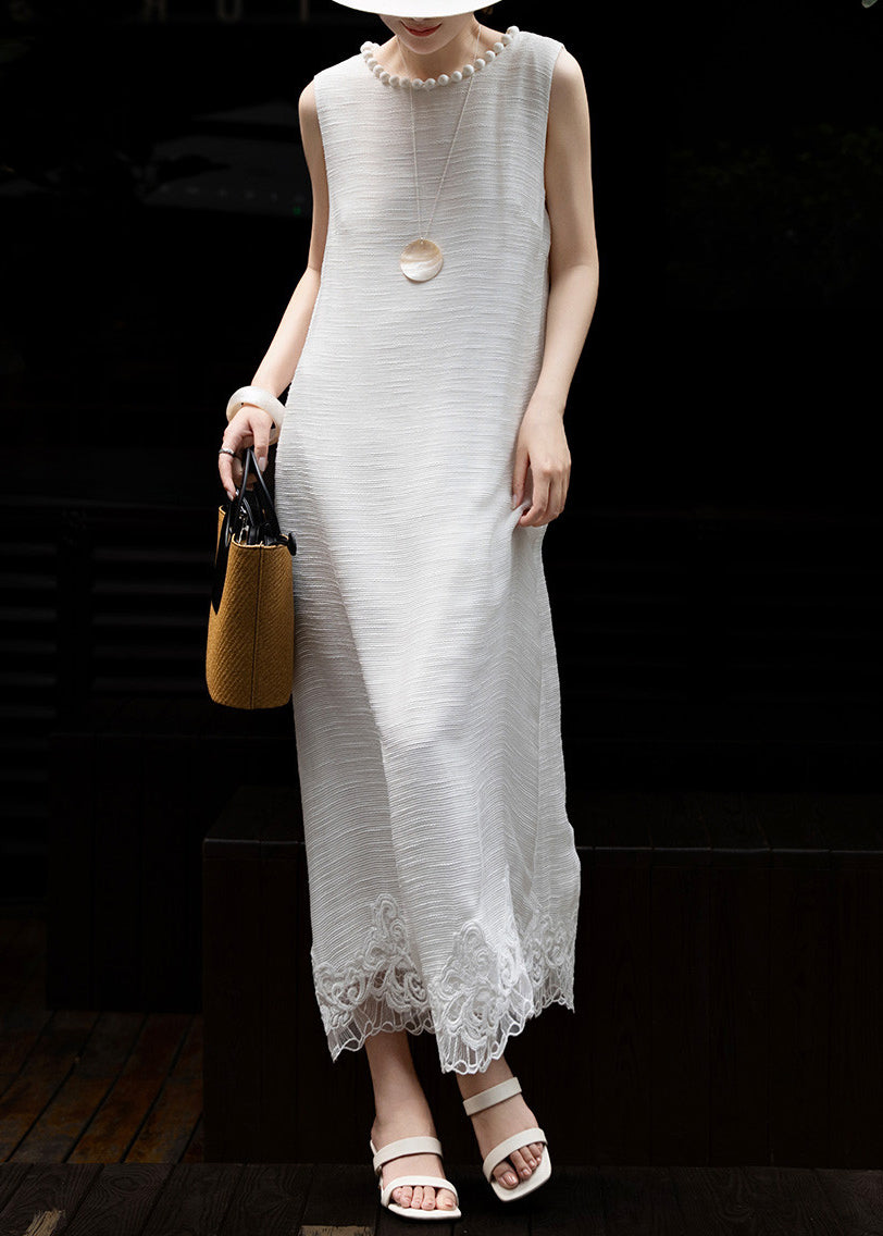 French White Embroidered Patchwork Fine Pearl Silk Dresses Sleeveless