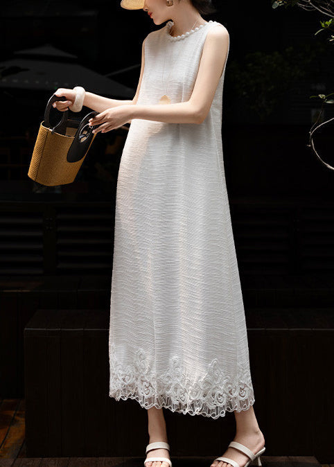 French White Embroidered Patchwork Fine Pearl Silk Dresses Sleeveless