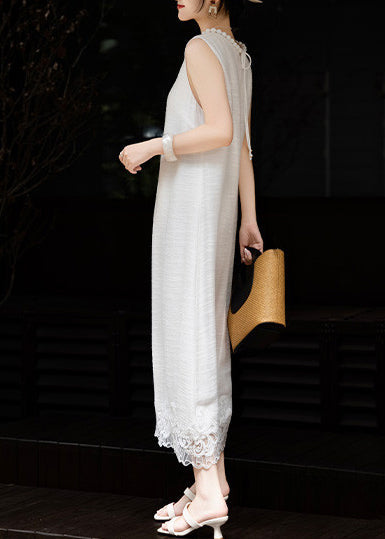French White Embroidered Patchwork Fine Pearl Silk Dresses Sleeveless