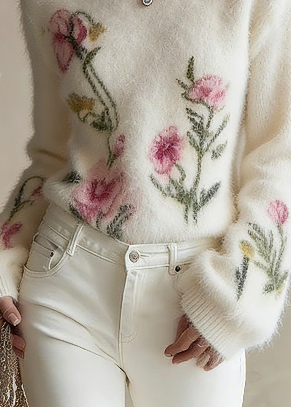 French White Floral Cotton Knit Sweater Lantern Sleeve - Omychic