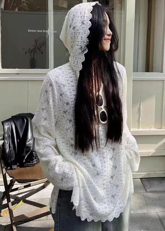 French White Floral Hooded Patchwork Lace T Shirts Fall