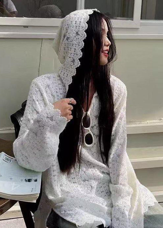 French White Floral Hooded Patchwork Lace T Shirts Fall