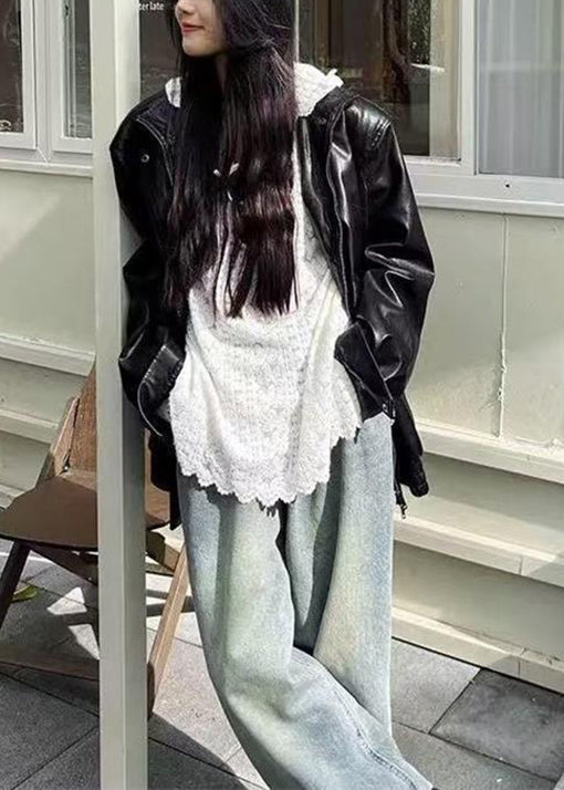 French White Floral Hooded Patchwork Lace T Shirts Fall