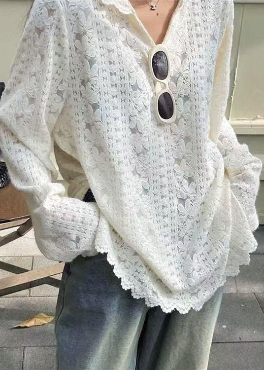 French White Floral Hooded Patchwork Lace T Shirts Fall