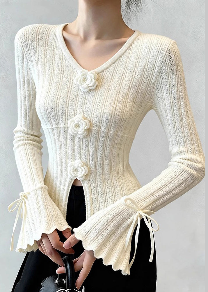 French White Floral Patchwork Thin Knit Top Flare Sleeve
