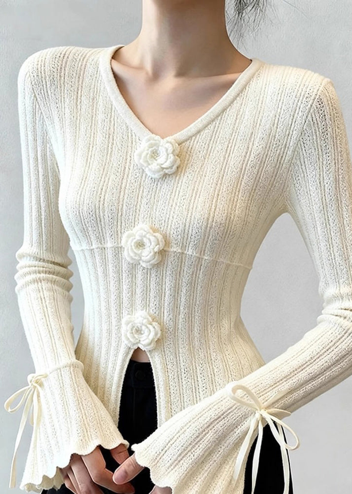 French White Floral Patchwork Thin Knit Top Flare Sleeve