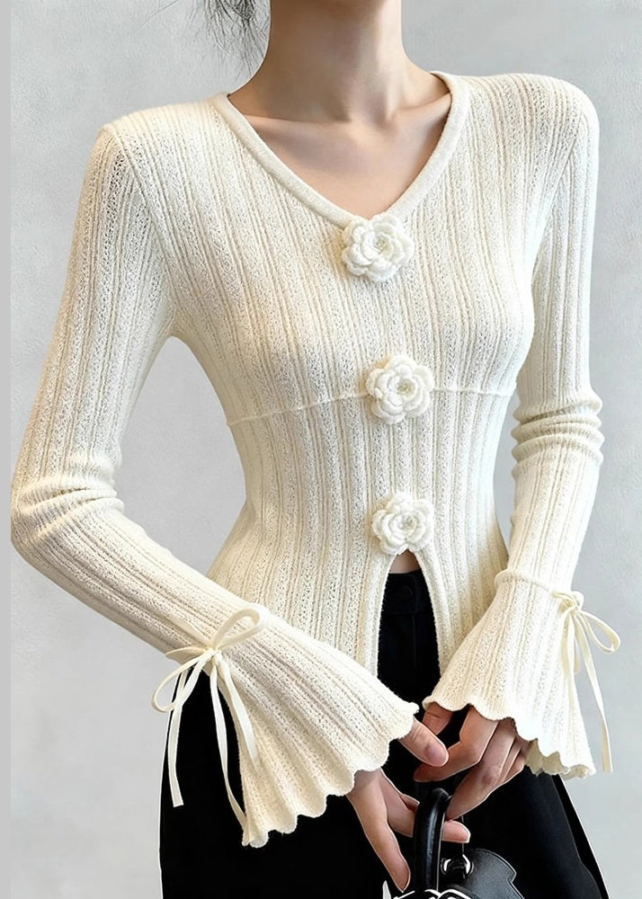 French White Floral Patchwork Thin Knit Top Flare Sleeve