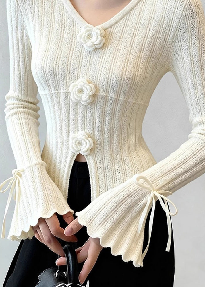 French White Floral Patchwork Thin Knit Top Flare Sleeve