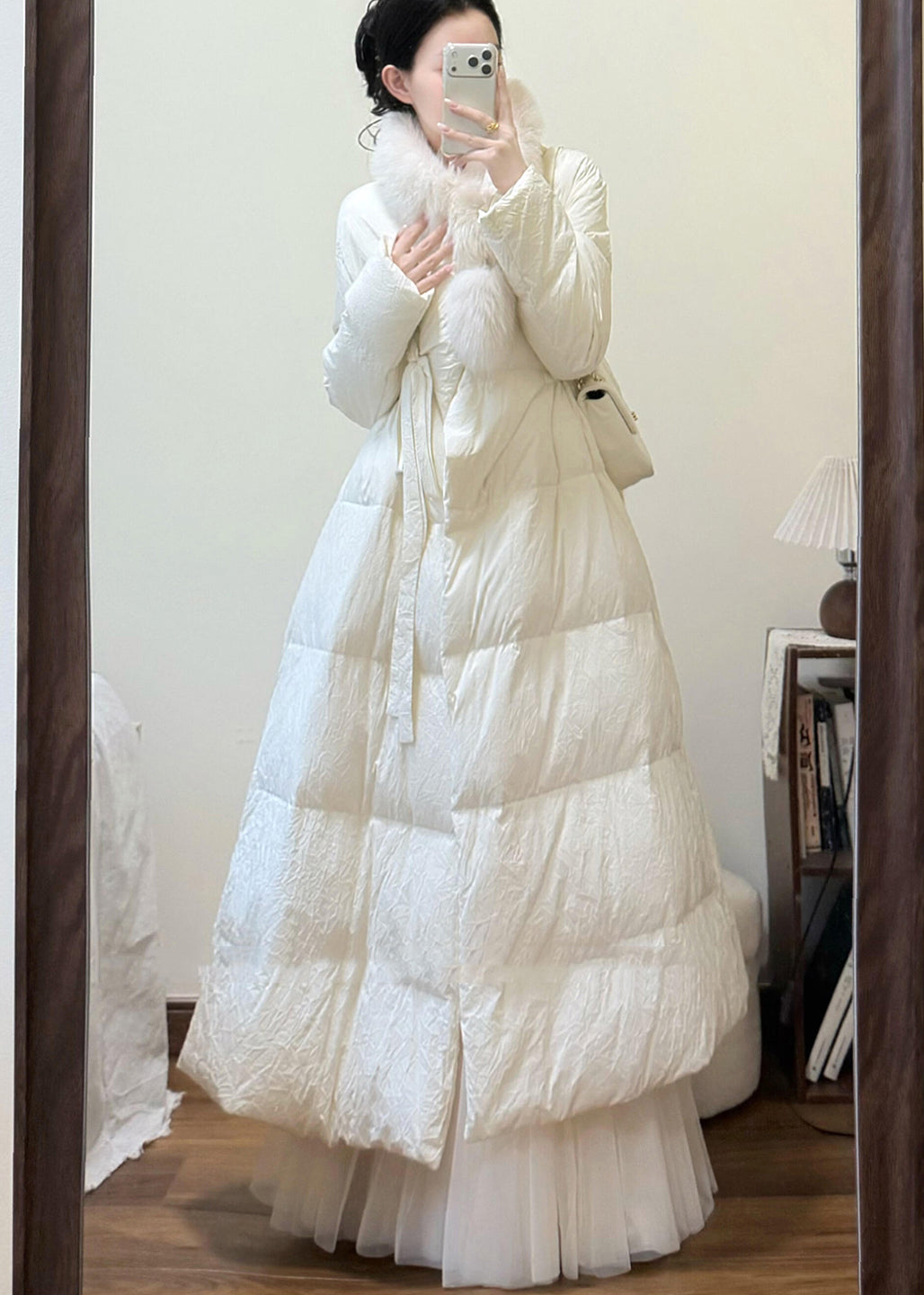 French White Fox Collar Tie Waist Duck Down Puffers Jackets Winter