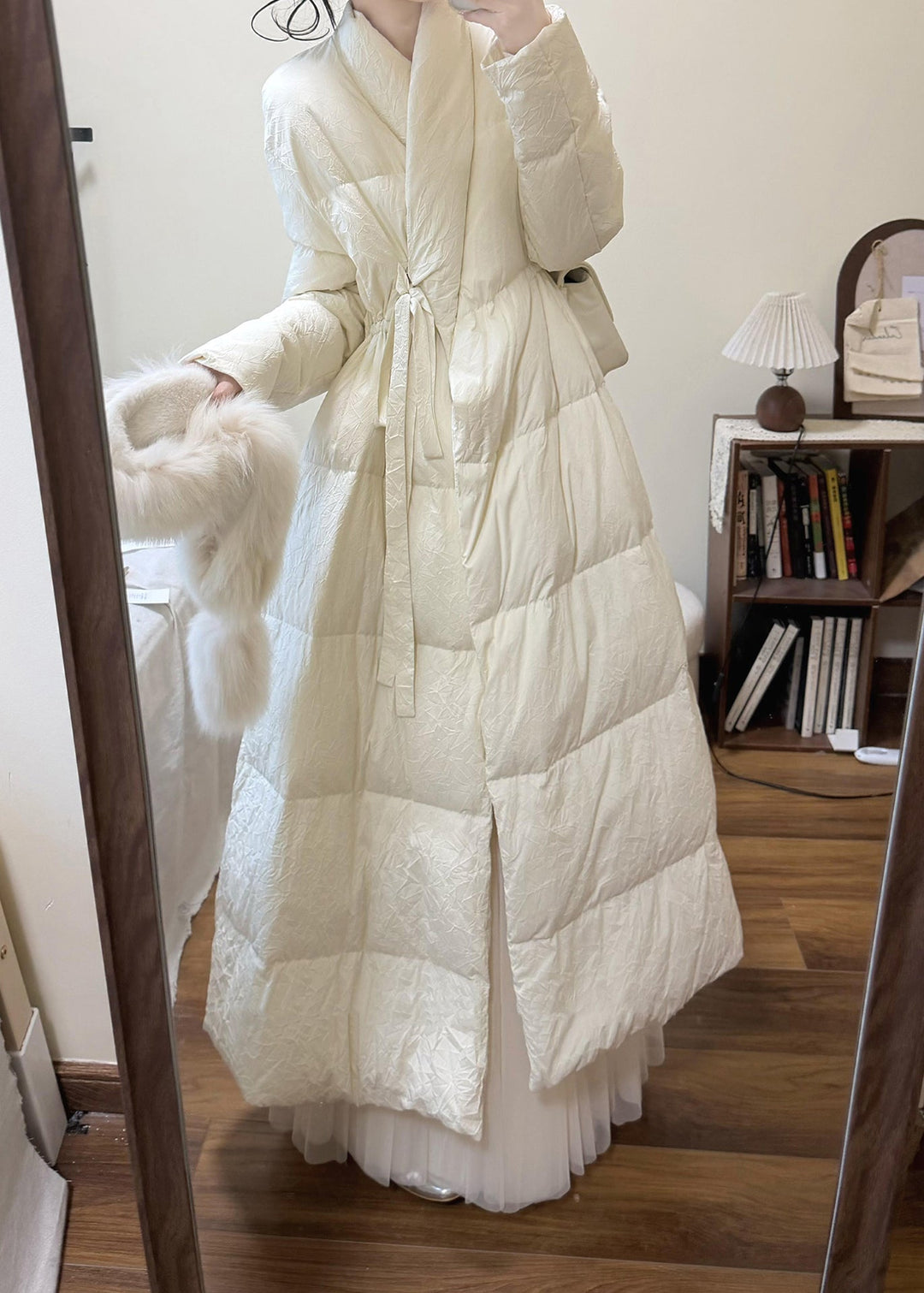 French White Fox Collar Tie Waist Duck Down Puffers Jackets Winter