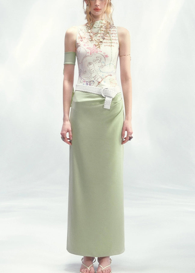 French White Green Print Long Dresses Sleeveless