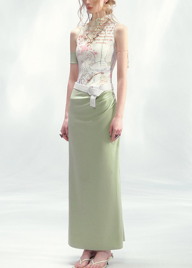 French White Green Print Long Dresses Sleeveless