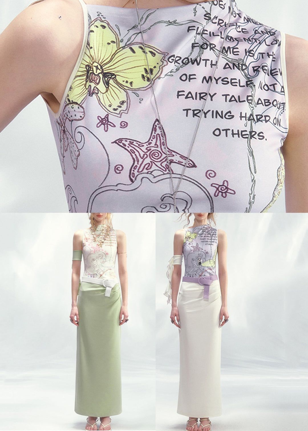 French White Green Print Long Dresses Sleeveless