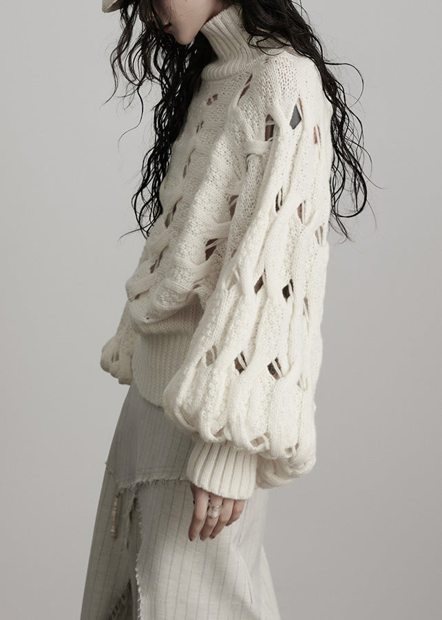 French White Hign Neck Hollow Out Woolen Sweater Winter