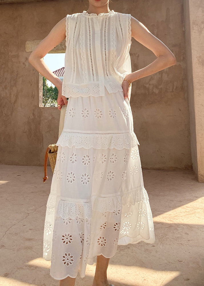 French White Hollow Out Blouses And Skirts Cotton Two Pieces Set Sleeveless