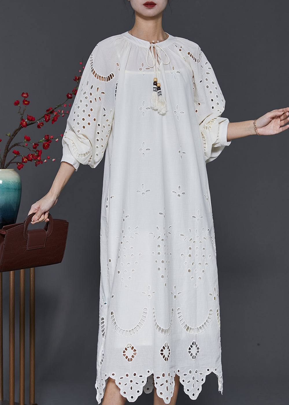 French White Hollow Out Cotton Long Dress Spring