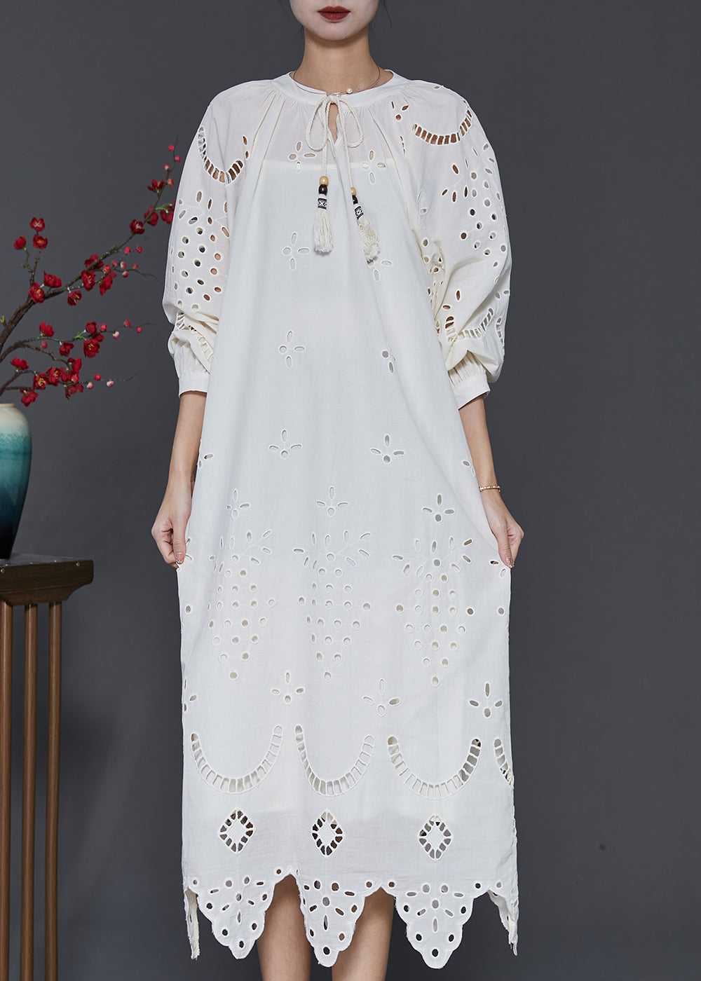 French White Hollow Out Cotton Long Dress Spring