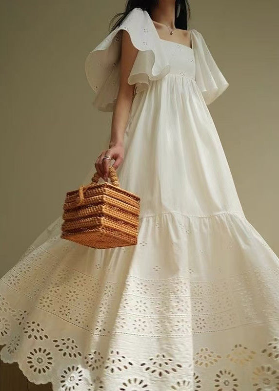 French White Hollow Out Lace Up Cotton Long Dress