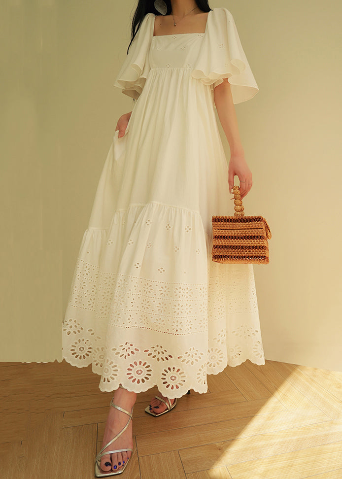 French White Hollow Out Lace Up Cotton Long Dress