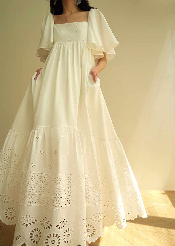 French White Hollow Out Lace Up Cotton Long Dress