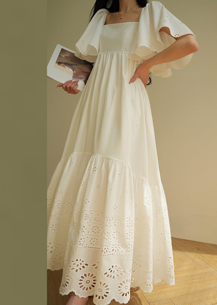 French White Hollow Out Lace Up Cotton Long Dress