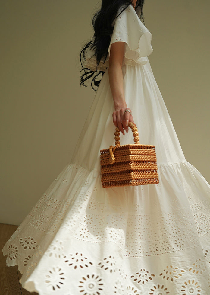 French White Hollow Out Lace Up Cotton Long Dress