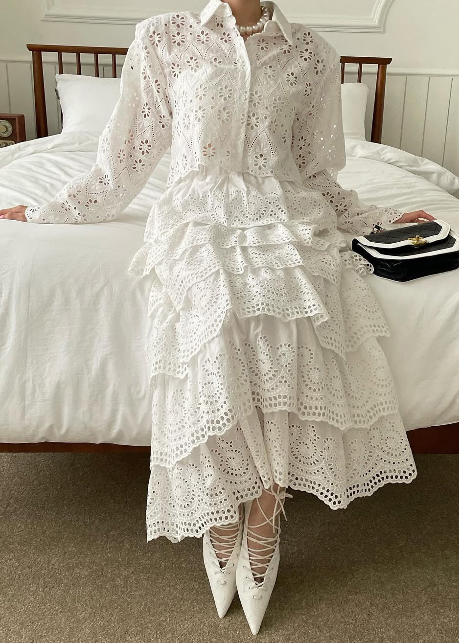 French White Hollow Out Shirts And Skirts Cotton Two Piece Set Fall