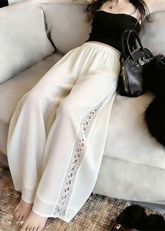 French White Hollow Out Straight Pants Summer