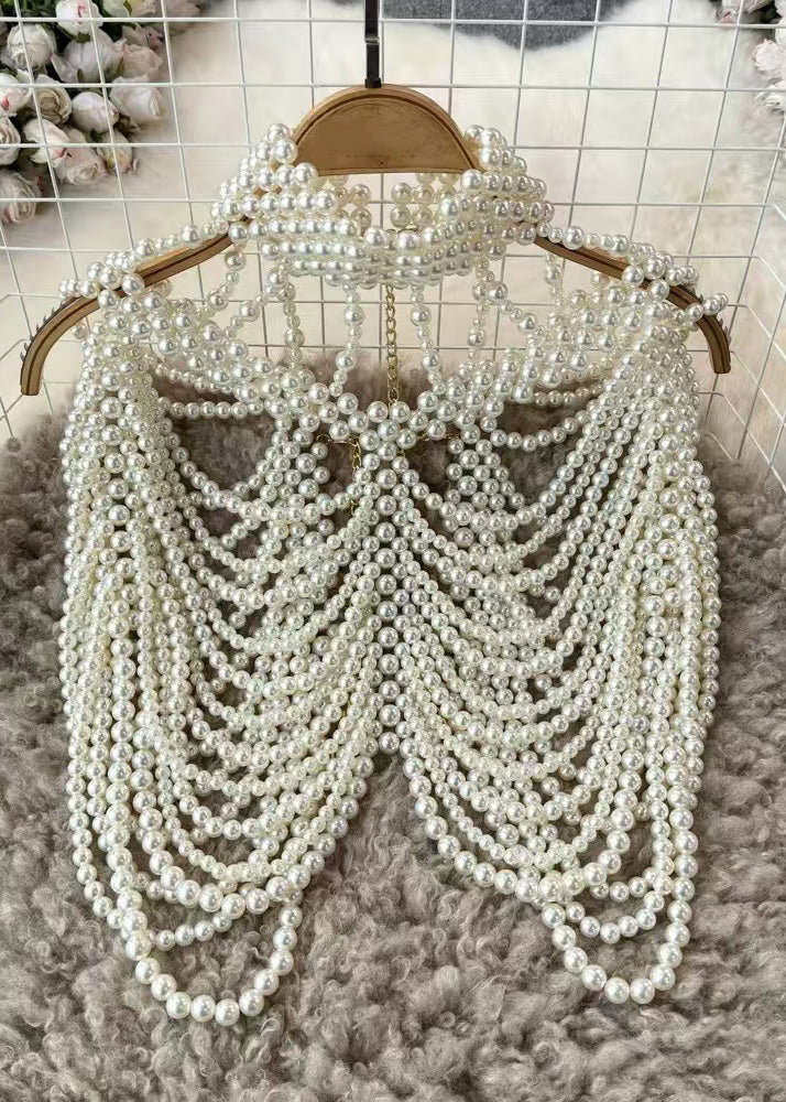 French White Imitation Pearl Banquet Dress Accessories Shawl - Omychic