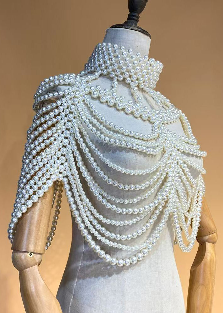 French White Imitation Pearl Banquet Dress Accessories Shawl - Omychic