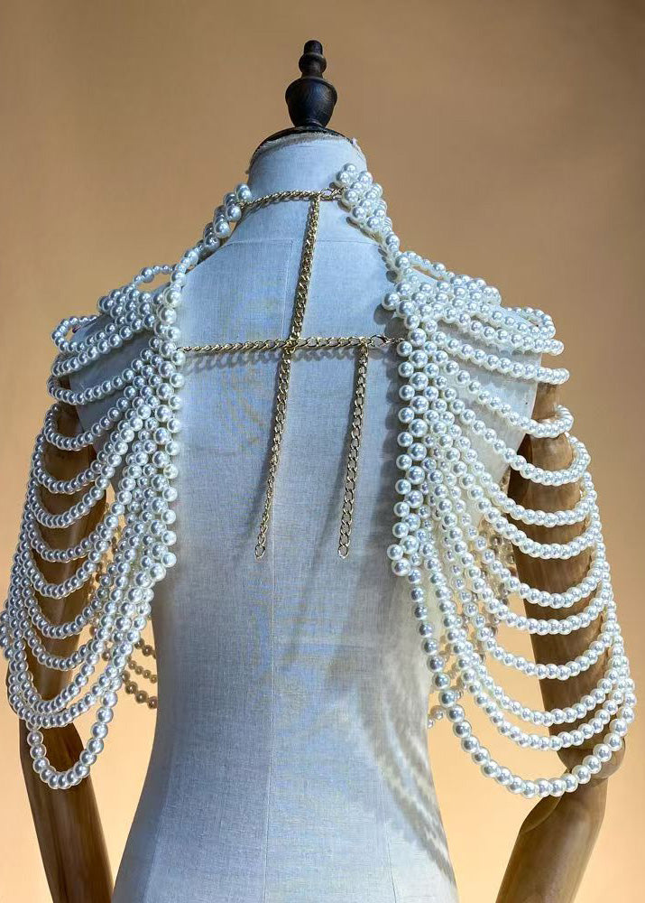 French White Imitation Pearl Banquet Dress Accessories Shawl - Omychic