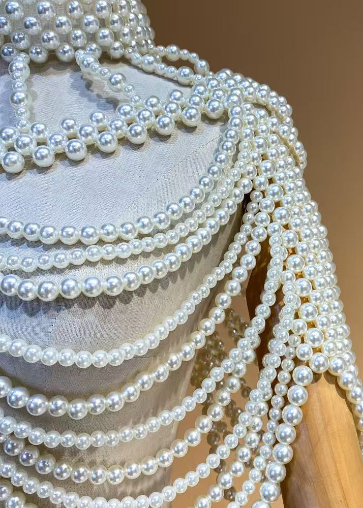 French White Imitation Pearl Banquet Dress Accessories Shawl - Omychic