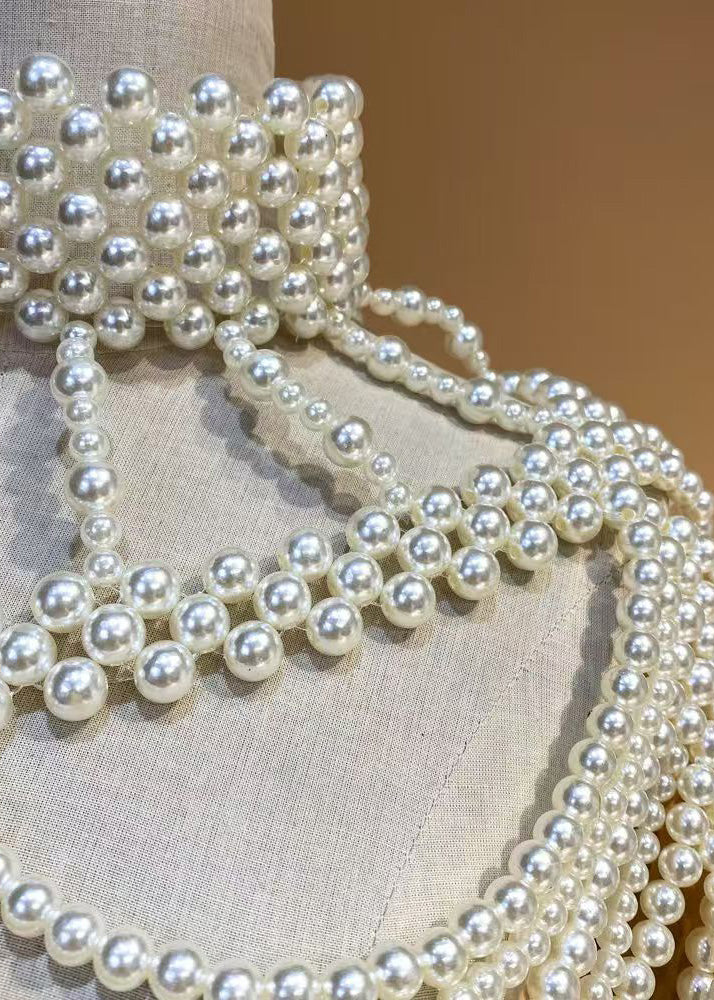 French White Imitation Pearl Banquet Dress Accessories Shawl - Omychic