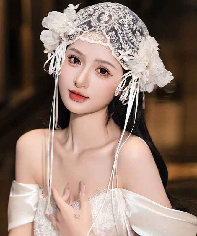 French White Lace Floral Tulle Jellyfish Hat HairPiece
