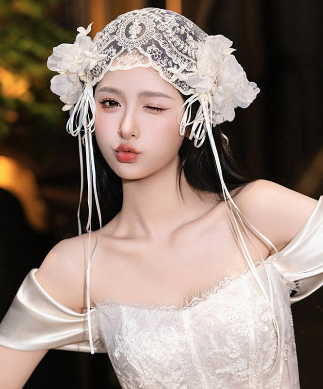 French White Lace Floral Tulle Jellyfish Hat HairPiece