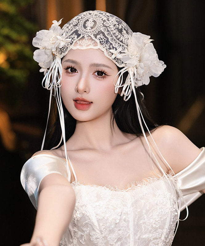 French White Lace Floral Tulle Jellyfish Hat HairPiece