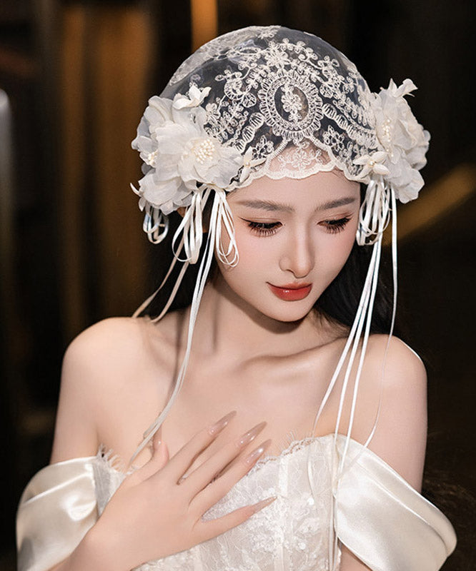 French White Lace Floral Tulle Jellyfish Hat HairPiece