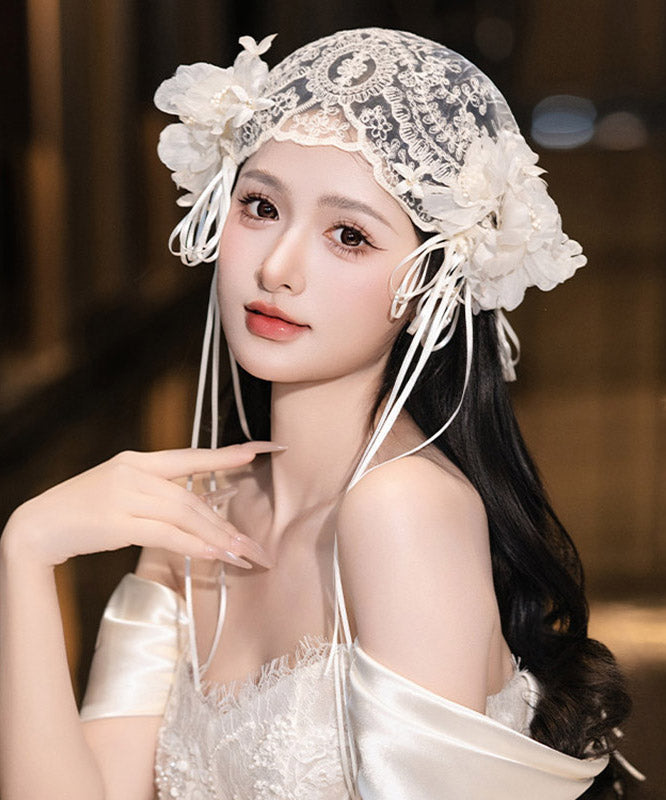 French White Lace Floral Tulle Jellyfish Hat HairPiece