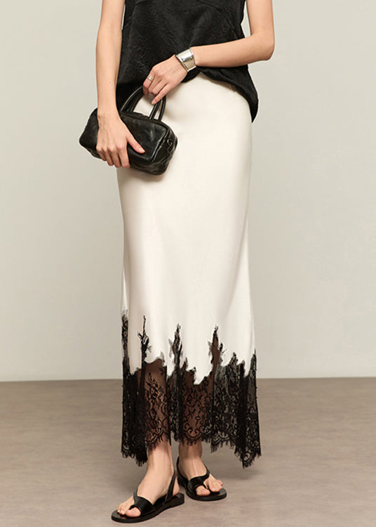 French White Lace High Waist Patchwork Silk Skirts Summer